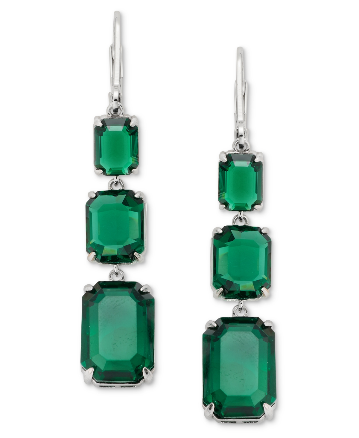 Lauren Ralph Lauren Silver-Tone Emerald Crystal Simulant Triple-Drop Earrings