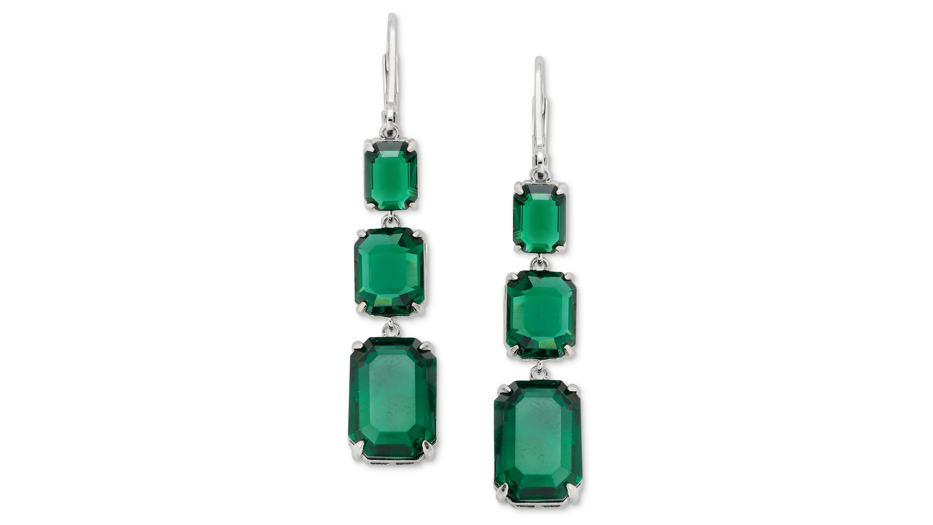 Lauren Ralph Lauren Silver-Tone Emerald Crystal Simulant Triple-Drop Earrings