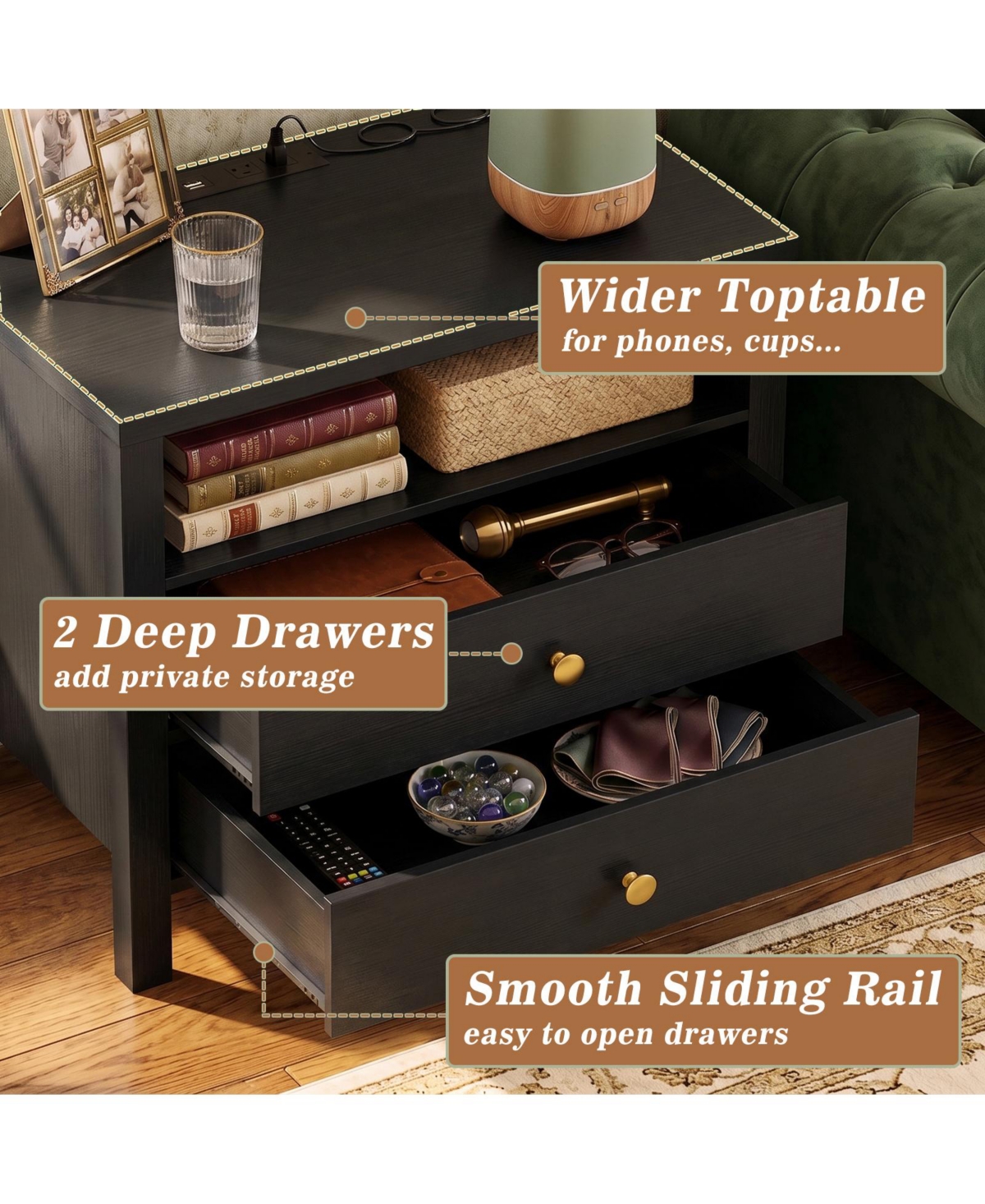 Aheaplus Nightstands Set of 2 with Charging Station and 2-Drawers for Bedroom