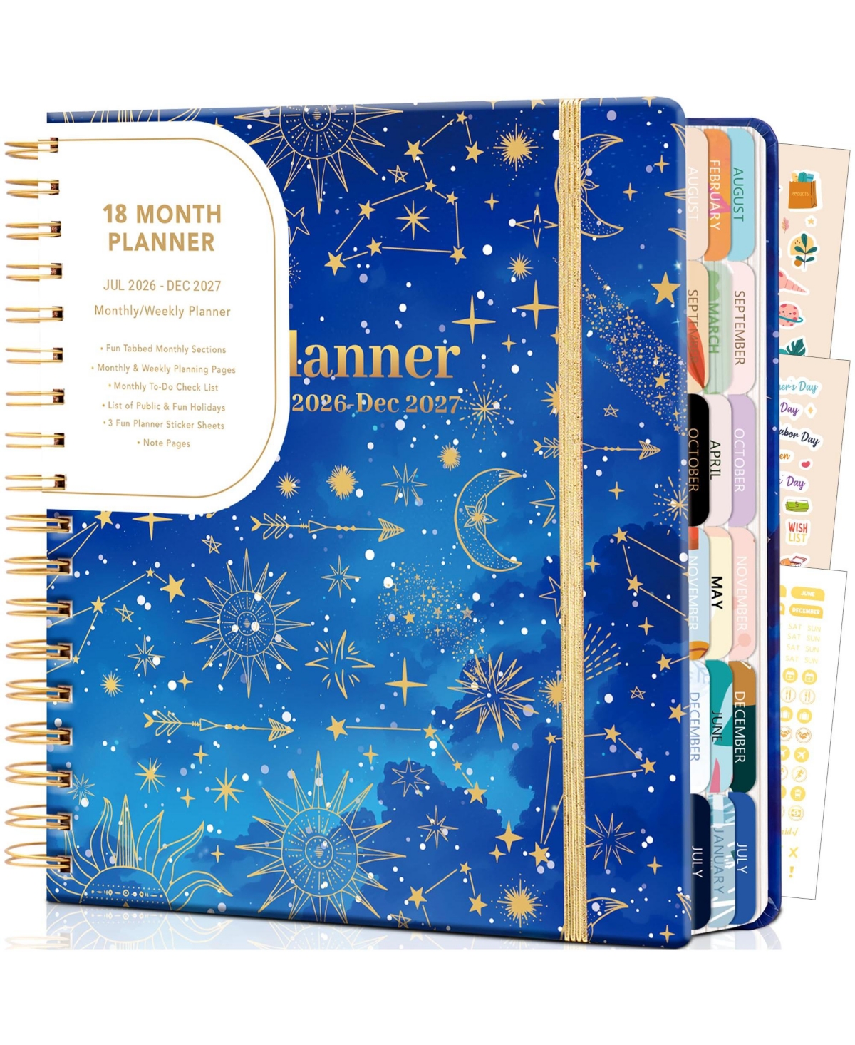 Danrong 18 Month Weekly Monthly Hardcover Planner with Stickers Tabs Spiral Bound - Golden sunflower