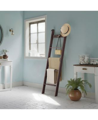 Blanket Ladder Shelf, 5-Tier Towel Rack with 4 Hooks for Living Room, 16.9 x 2.8 x 63 inches