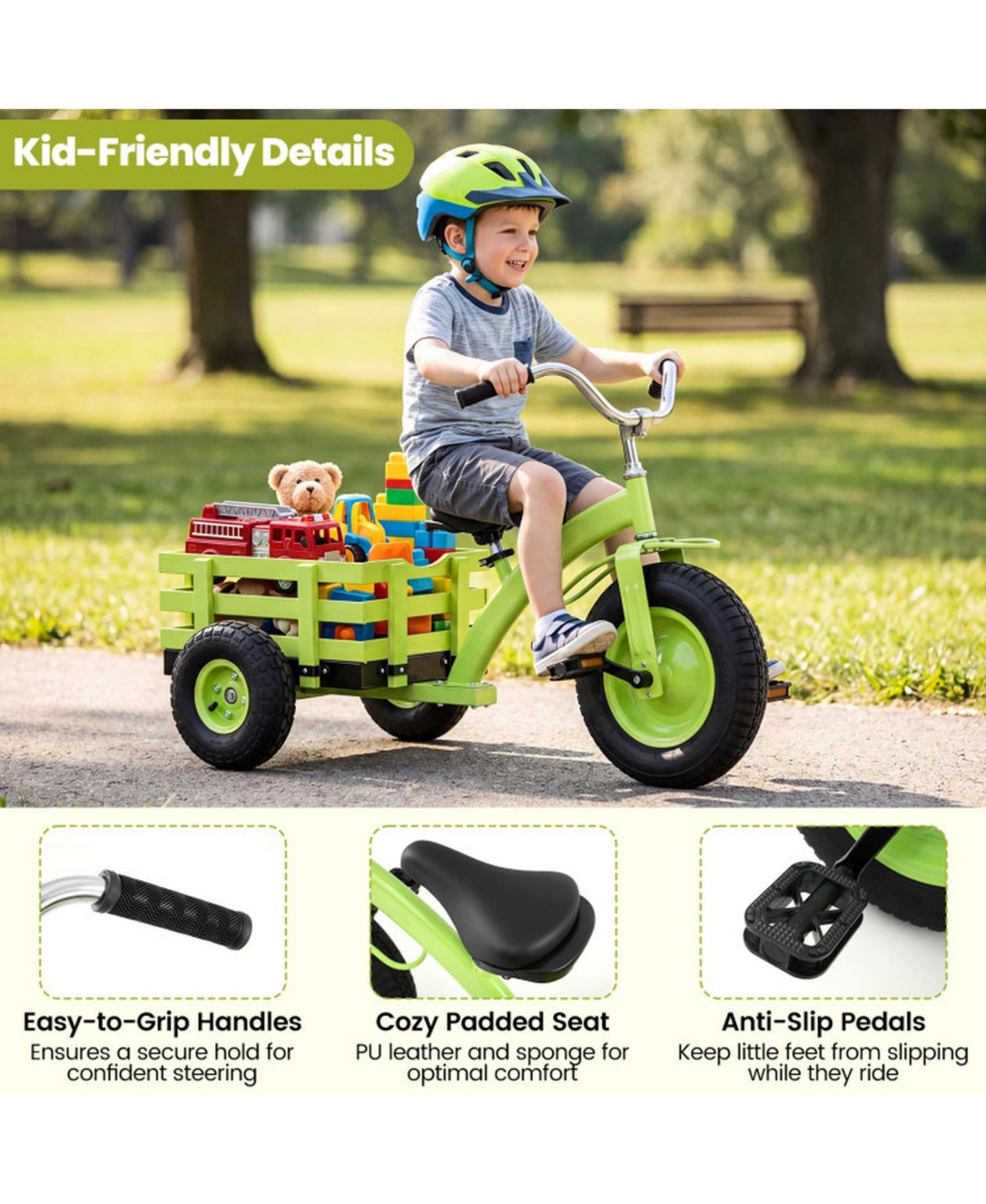 Детская игрушка SUGIFT Kids Tricycle with 15-Inch Inflatable Rubber Tires and Rear Wooden Cargo Basket, 200 lbs Capacity, Ages 3+, цвет: Зелёный — фото 8