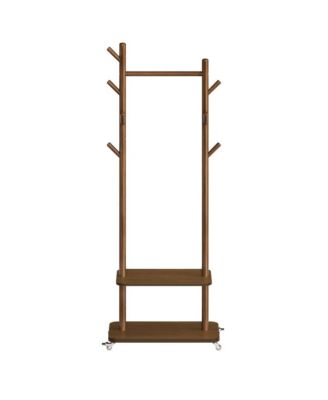 Wood Freestanding Coat Rack with Shoe Storage and Wheels, 21.7 x 11.8 x 70.1 inches