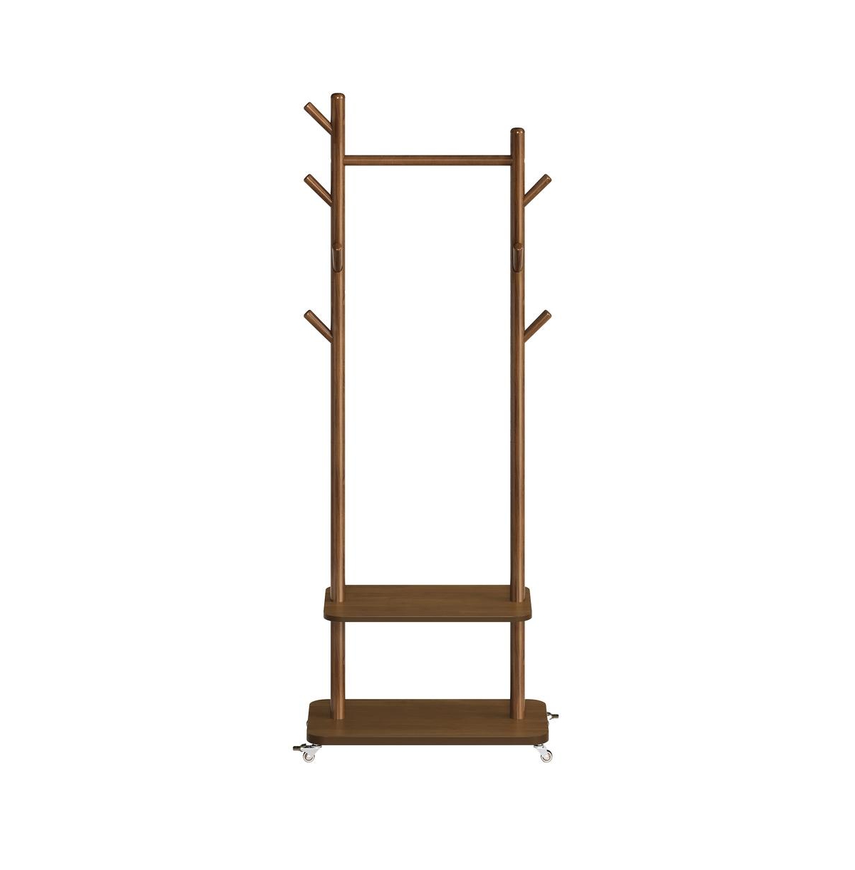 SongmicsHome Wood Freestanding Coat Rack with Shoe Storage and Wheels, 21.7 x 11.8 x 70.1 inches - Brown