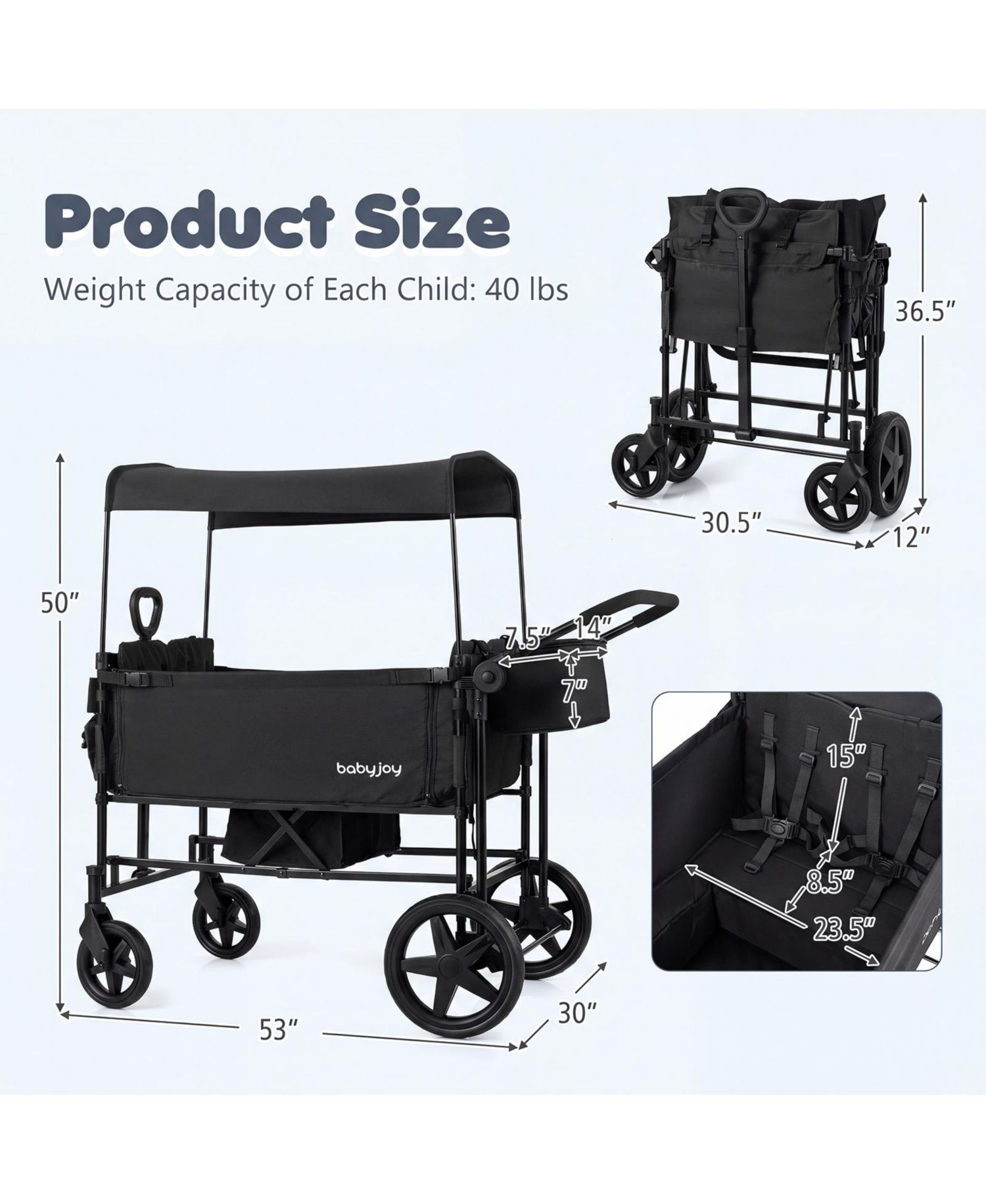 Foldable Wagon Stroller for 4 Kids with Removable Canopy