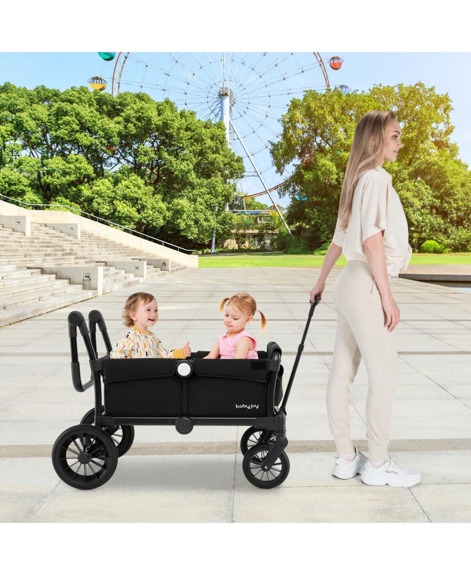 Foldable Wagon Stroller for 4 Kids with Removable Canopy