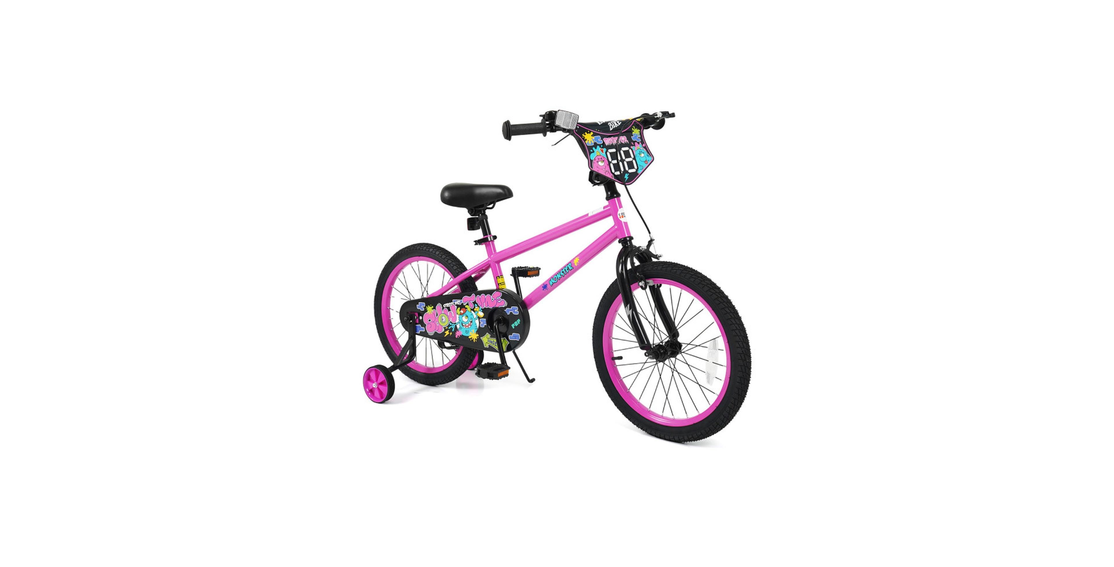 Sugift 18 Inch Metal Graffiti Kids Bike with Quick-Release Seat and Training Wheels, 130 lbs Capacity, Ages 4-8