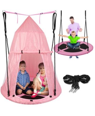 40" Kids Saucer Tree Swing with Detachable Tent, Padded Frame and Adjustable Ropes for Indoor/Outdoor Play