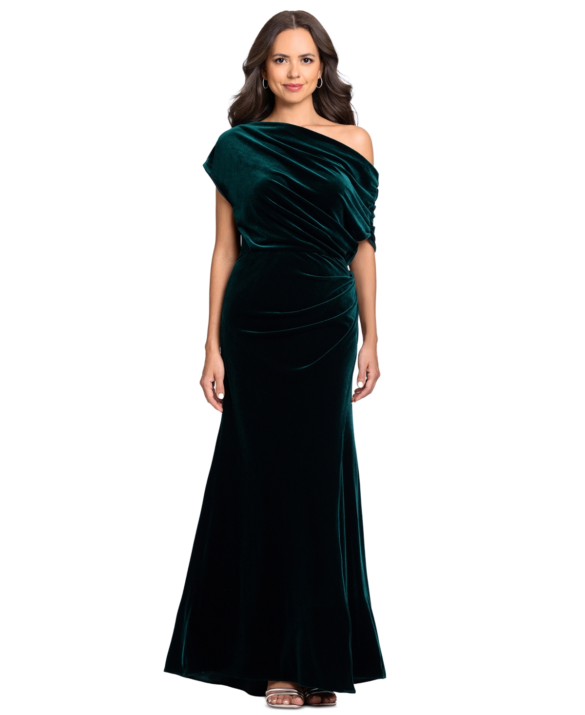 Betsy & Adam Plus Velvet Asymmetrical Ruched Gown
