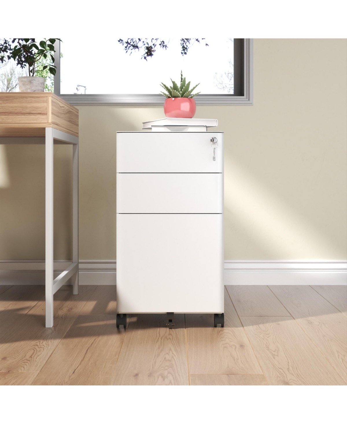 Boyel Living 3 Drawer Steel Filing Cabinet Rolling Locking Compact Office Storage