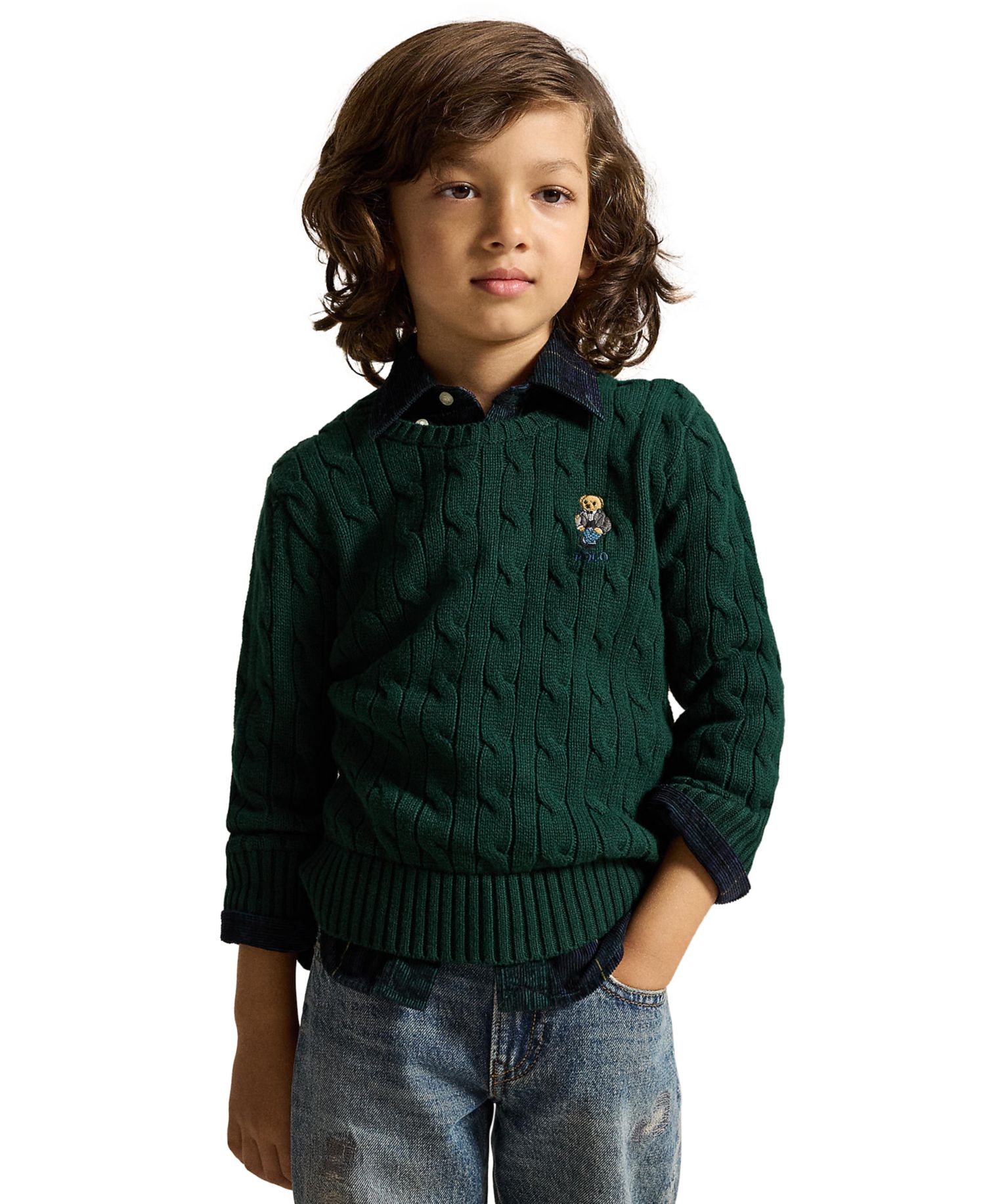 Boys' 2T-7 Polo Bear Cable-Knit Crewneck Sweater