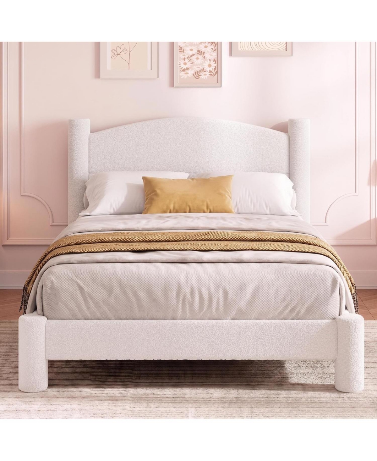 homfan Twin Cloud Bed Round Boucle Headboard and Cylindrical Legs, Heavy Duty, No Box Spring, Easy Assembly