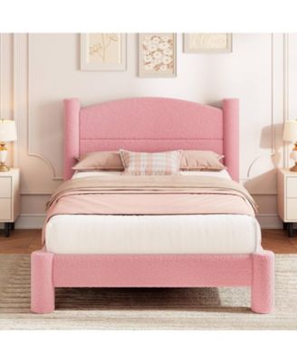 Twin Cloud Bed Round Boucle Headboard and Cylindrical Legs, Heavy Duty, No Box Spring, Easy Assembly