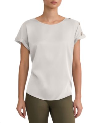 Petite Boat-Neck Short-Sleeve Side-Button Blouse