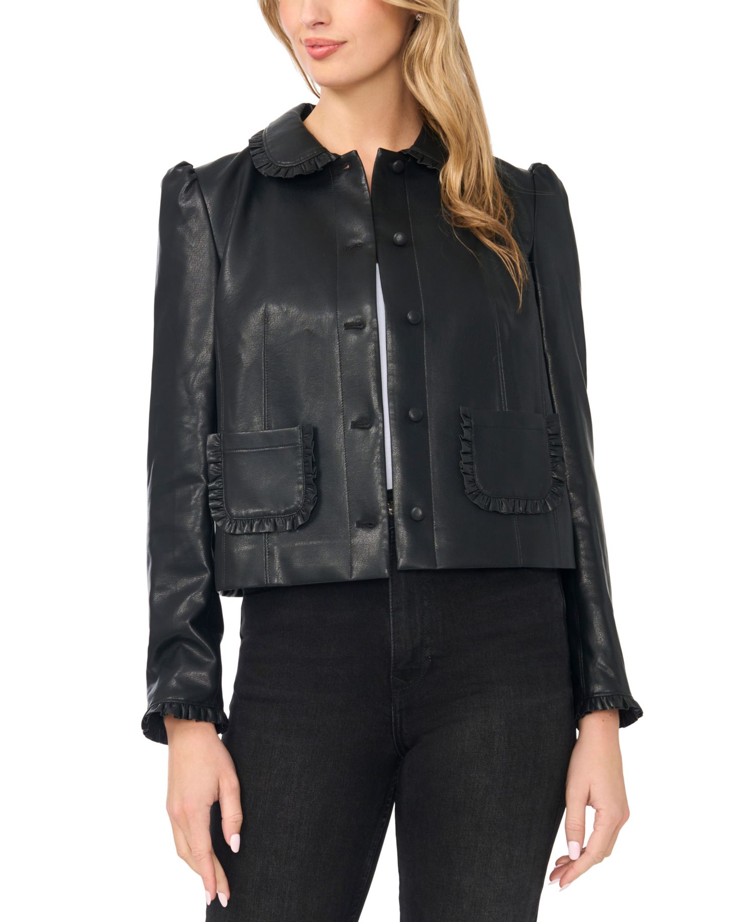 Women's Ruffle-Trim Puff-Shoulder Faux Leather Jacket