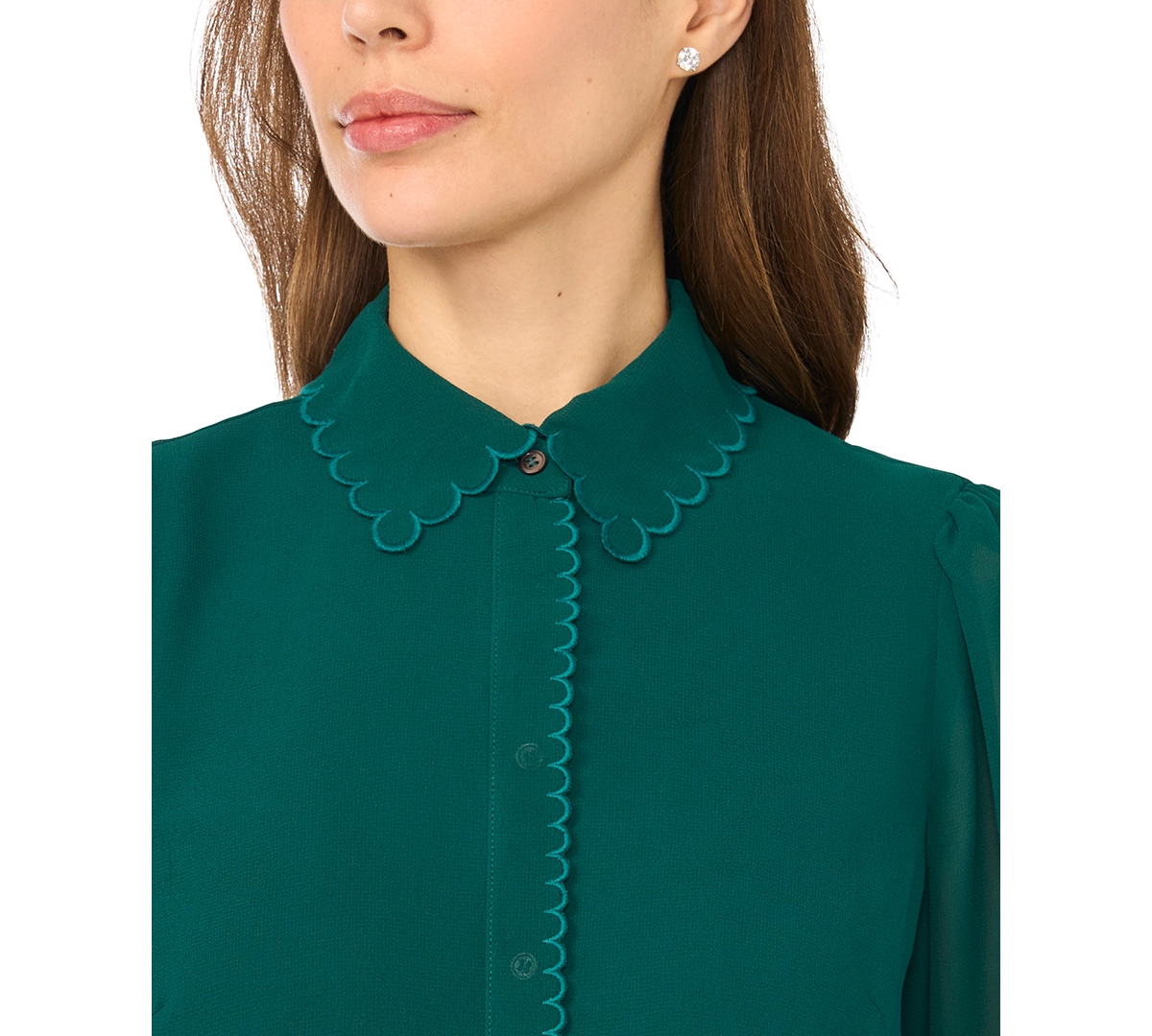 CeCe Women's Scallop-Trim Long-Sleeve Chiffon Blouse
