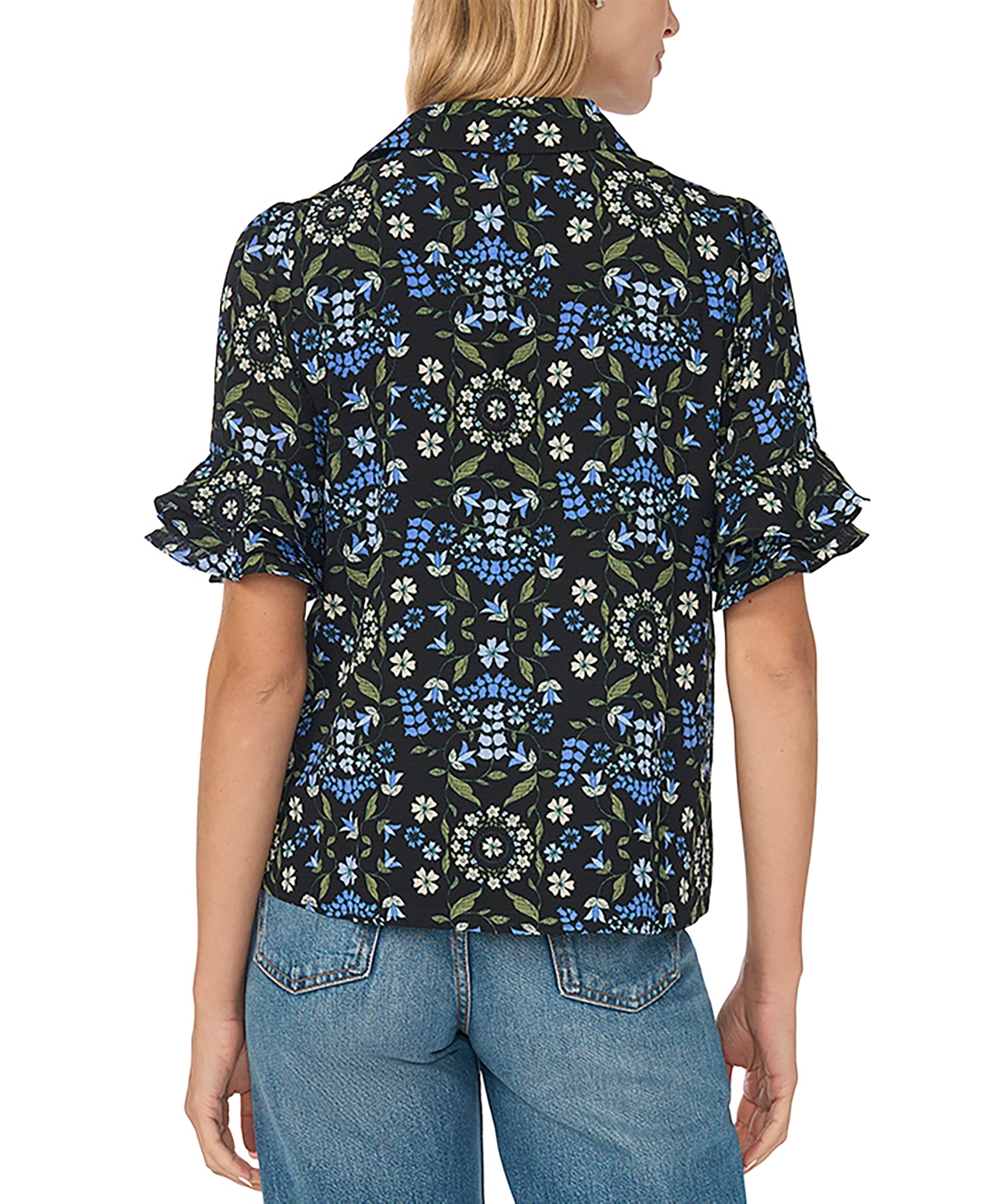 CeCe Women's Double-Ruffle Floral-Print Short-Sleeve Button-Down Shirt