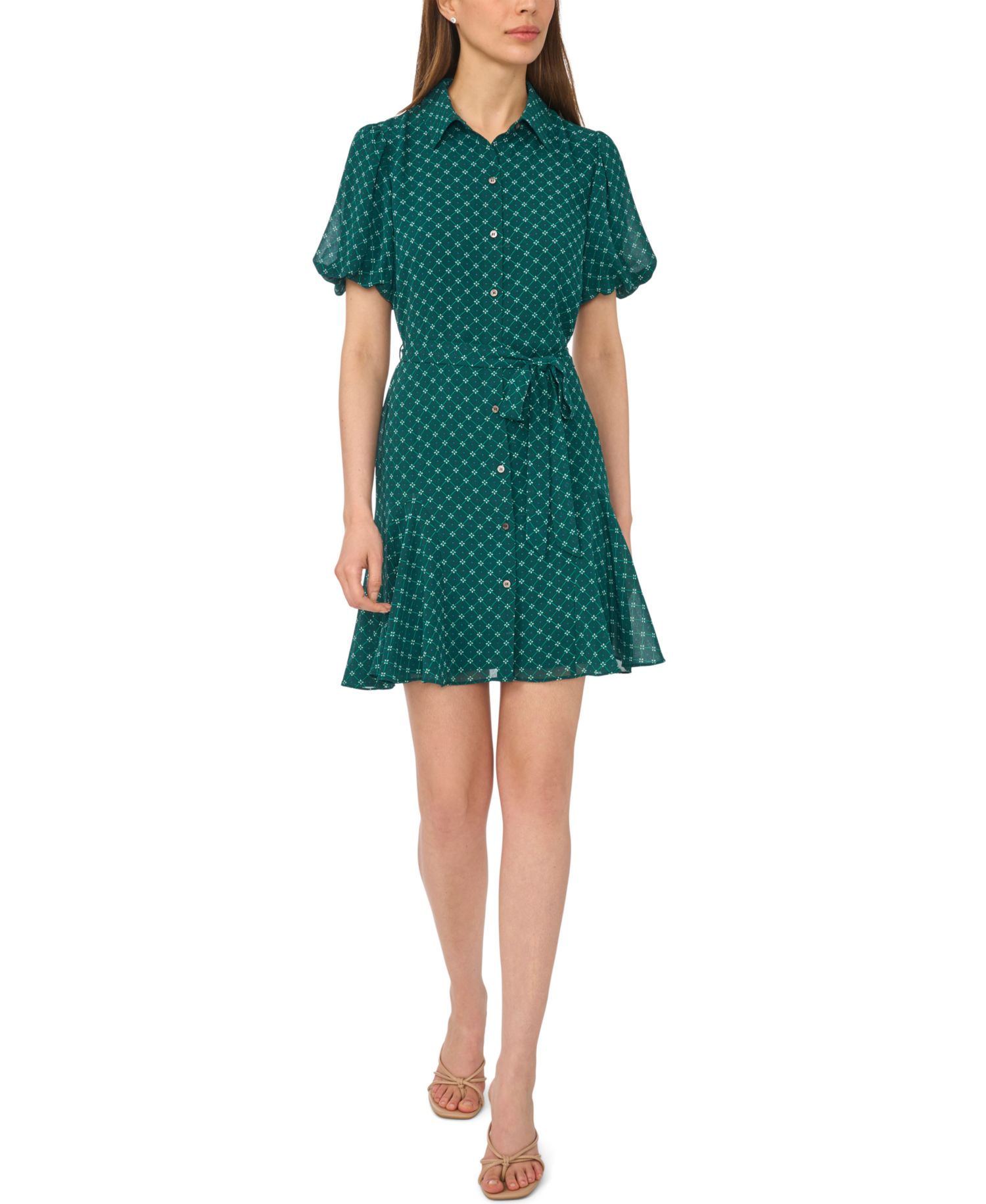 Women's Chiffon Waist-Tie Short-Sleeve Shirt Dress with Godets