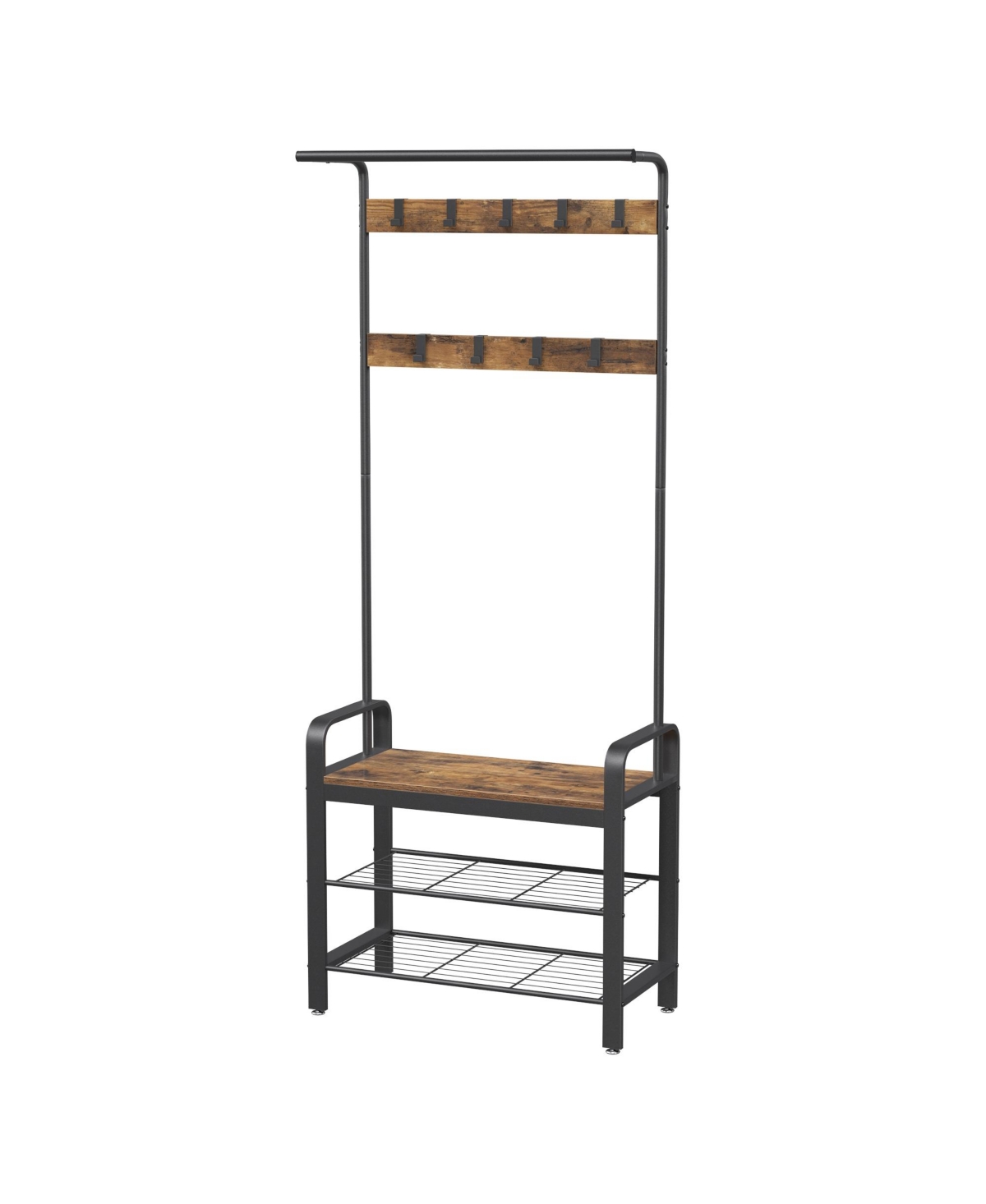 SongmicsHome Coat Rack, Coat Stand with Shoe Storage Bench, with 9 Removable Hooks, for Hallway, Traditional basic - Brown