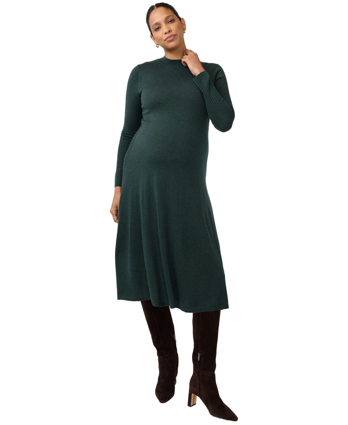 Женское платье Ingrid + Isabel Maternity Long-Sleeve Fit-and-Flare Midi Sweater Dress, цвет: Тёмный зелёный — фото 1
