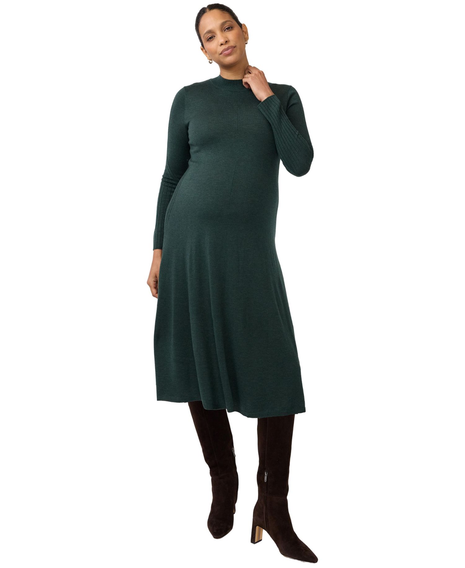 Maternity Long-Sleeve Fit-and-Flare Midi Sweater Dress
