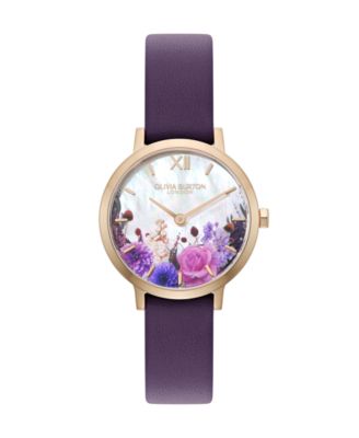 Women's Quartz Autumn Floral Analog Purple Leather Watch 28mm