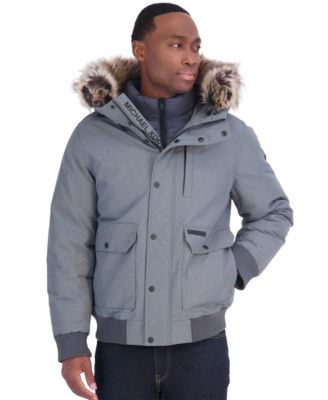 Men's Faux-Fur-Trim Quilted-Bib Hooded Bomber Jacket