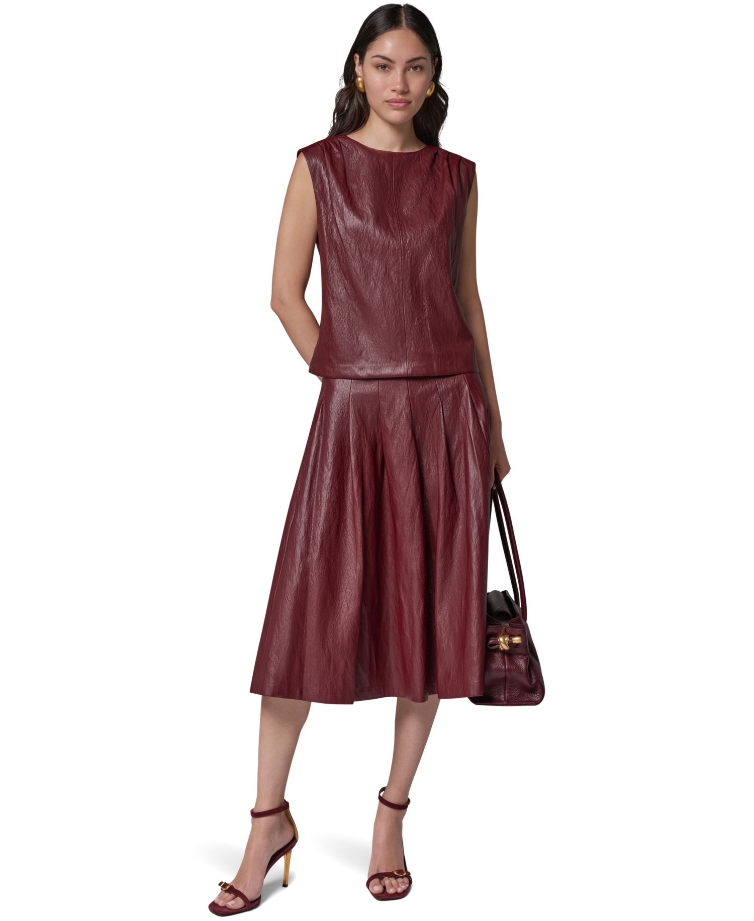 Women's Faux-Leather Sleeveless V-Back Blouse