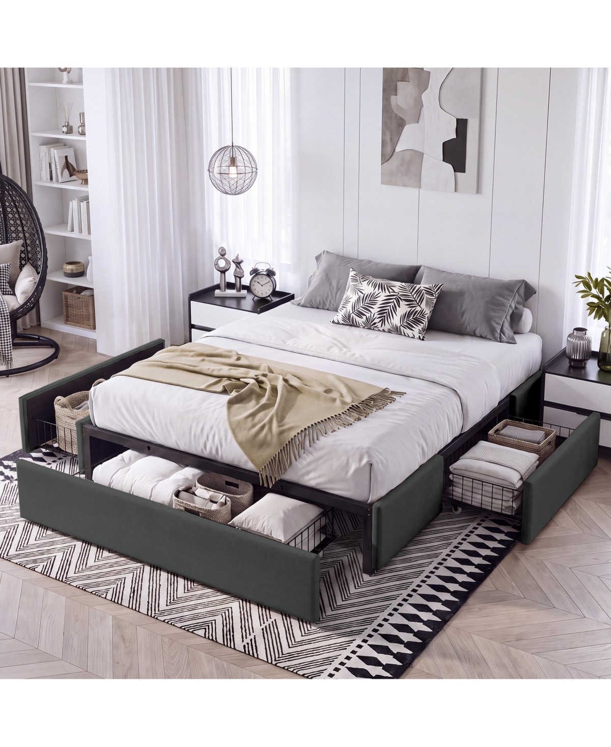 Gaomon Upholstered Metal Platform Bed Frame with Under-Basket Storage