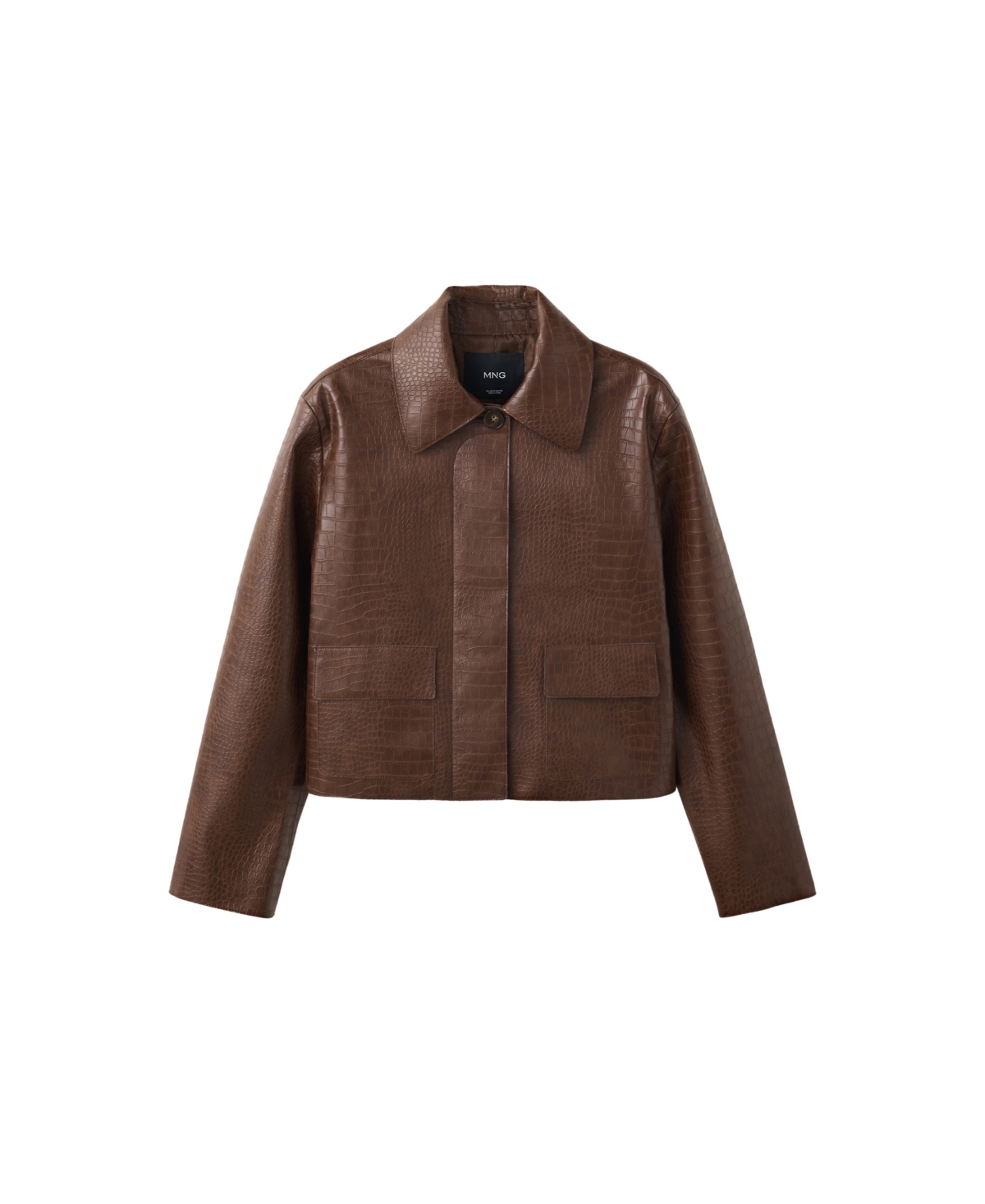 Mango Women's Crocodile-Effect Faux Leather Cropped Jacket - Medium Brown