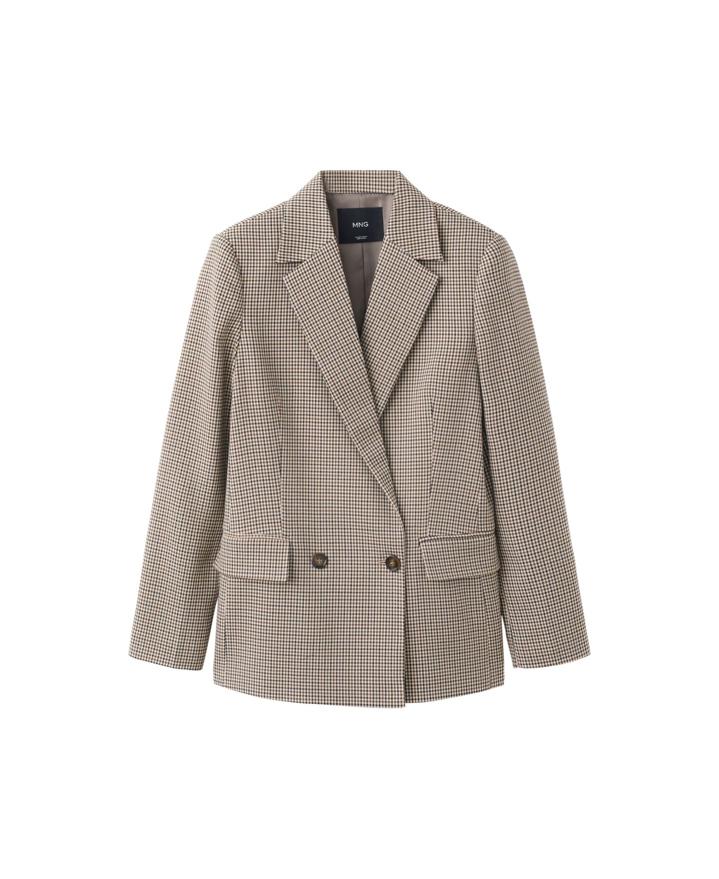 Женский пиджак MANGO Double-Breasted Micro-Houndstooth Notched Lapel Collar Blazer, цвет: Коричневый — фото 1