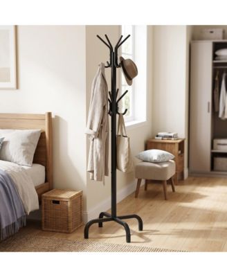 Freestanding Coat Rack, Steel Hat Tree Stand with Hooks and 4 Legs