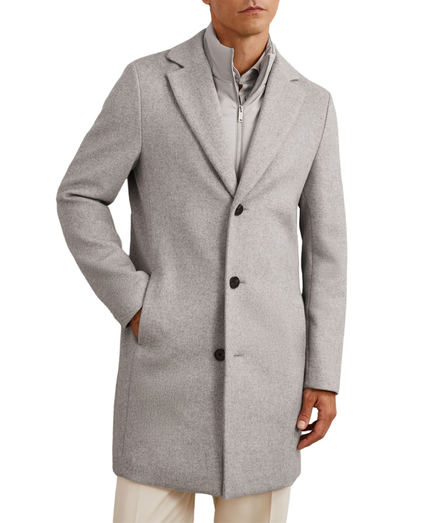Мужское пальто REISS Gable Removable-Padded-Gilet Wool-Blend Single-Breasted Overcoat, цвет: Мягкий серый — фото 4