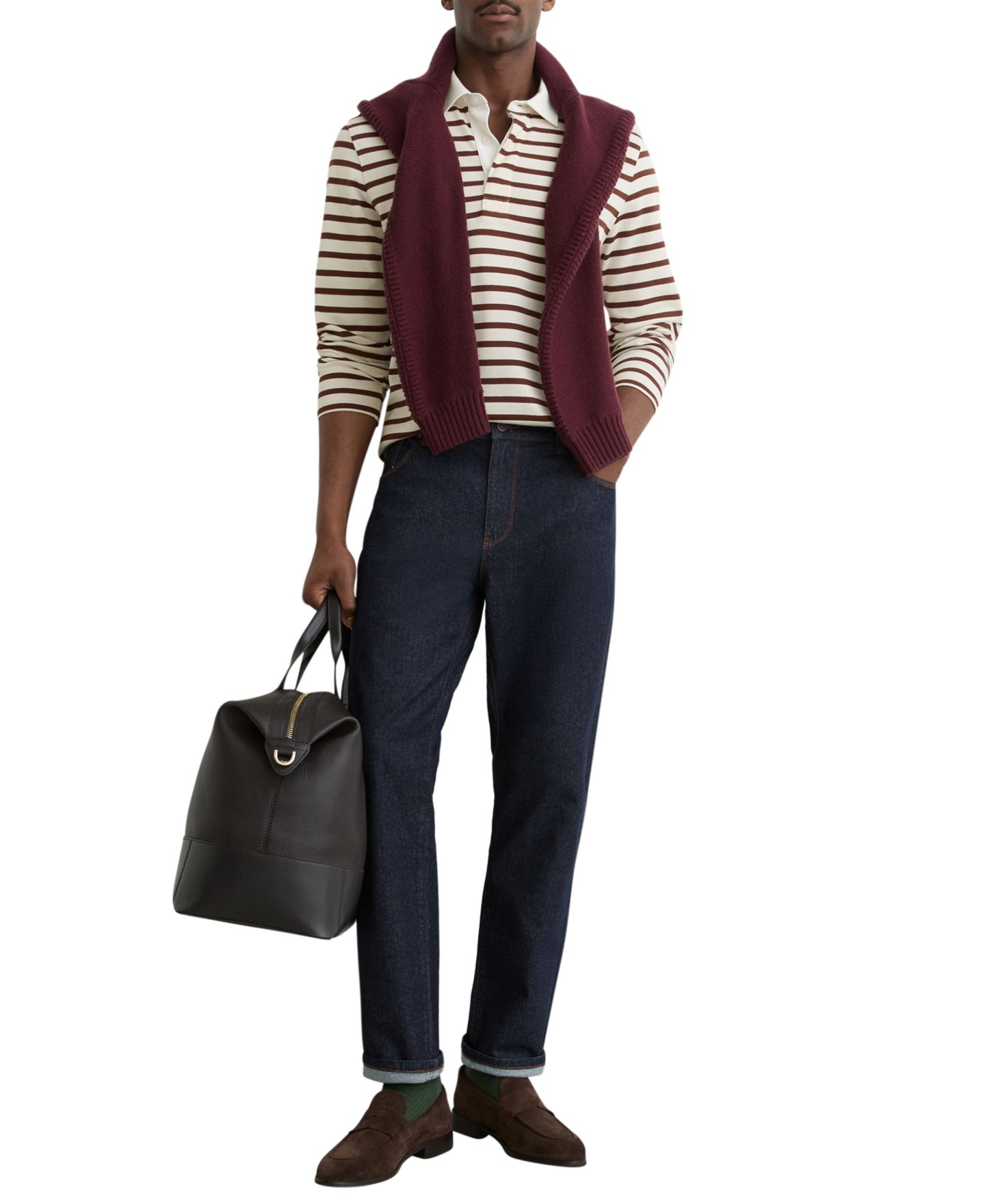 Мужское поло REISS Conners Rugby-Stripe Long-Sleeve Polo Shirt, цвет: Белый / Верблюжий — фото 4