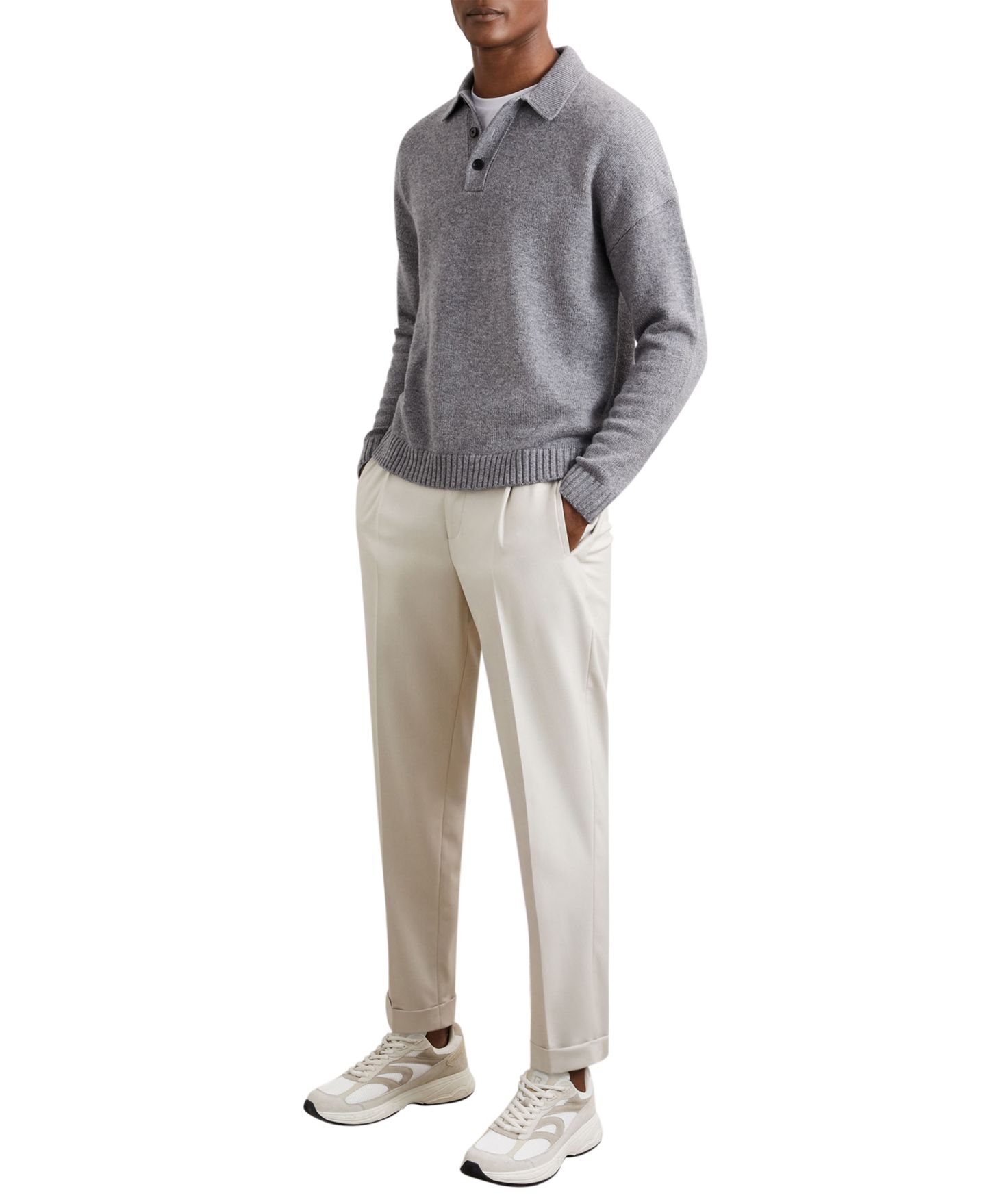 Мужской свитер REISS Jacob Wool-Blend Half-Button Relaxed-Fit Drop-Shoulder Polo Sweater, цвет: Серый меланжевый — фото 3