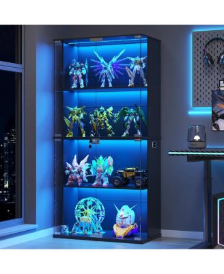 Display Cabinet With Glass Doors, 66" Lighted Display Case With 3 Colour Lights, 4-tier Bookcase With Human Body Sensor
