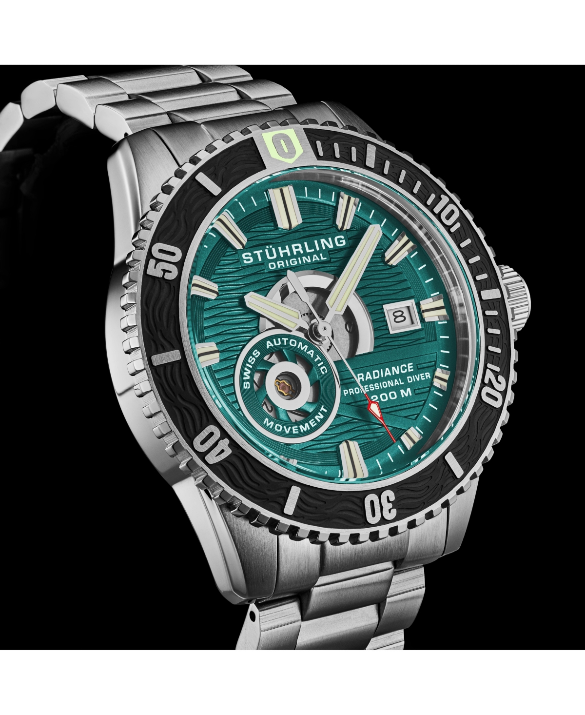 Stuhrling 1013 Men s Automatic Watch Swiss Movement Turquoise Dial Gunmetal Bezel Stainless Steel Bracelet 200M Water Resistant Diver Date Window - Gr