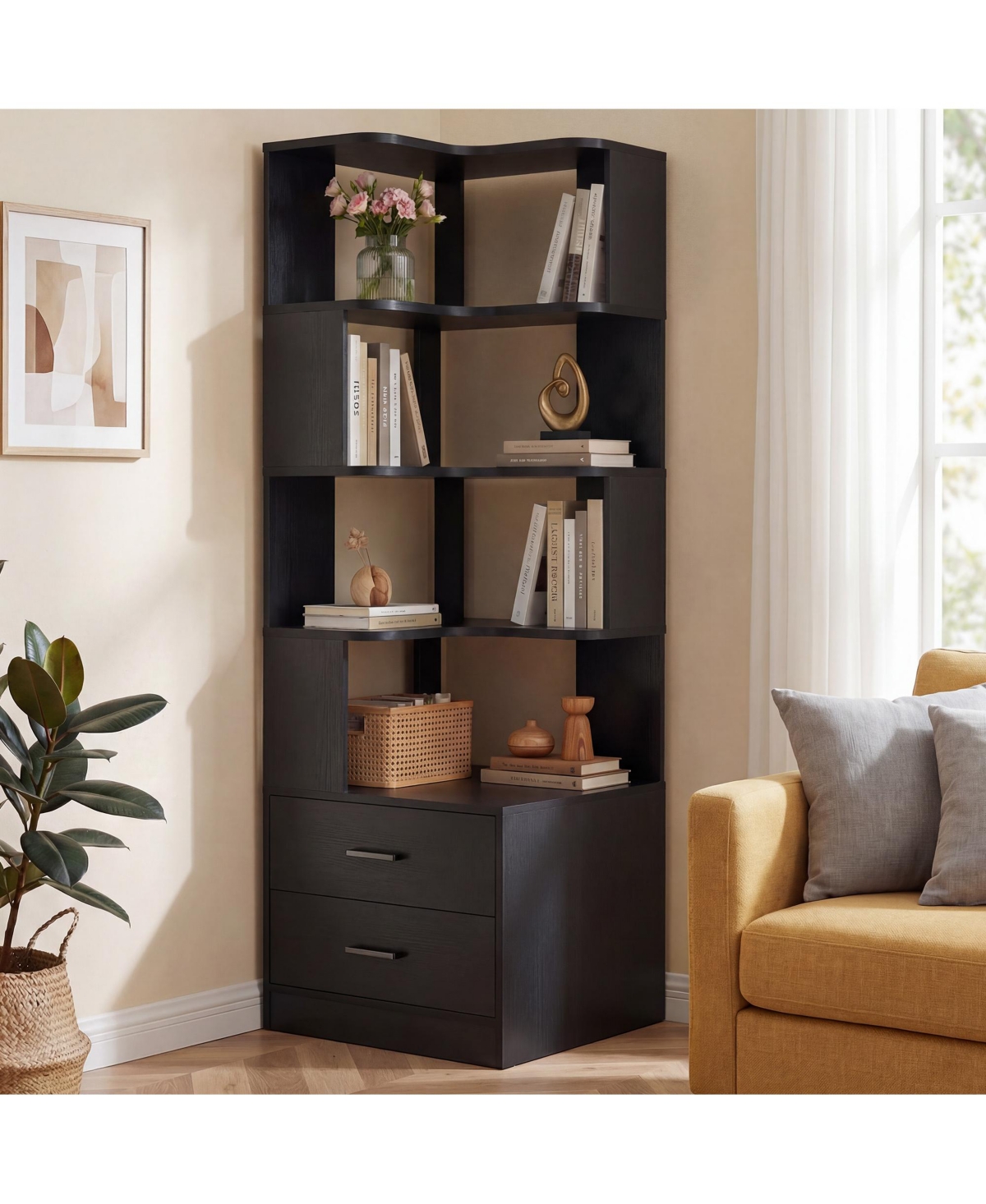 Aheaplus Small 6-Tier Corner Bookcase with 2-Drawers, BookShelf for Bedroom Storage