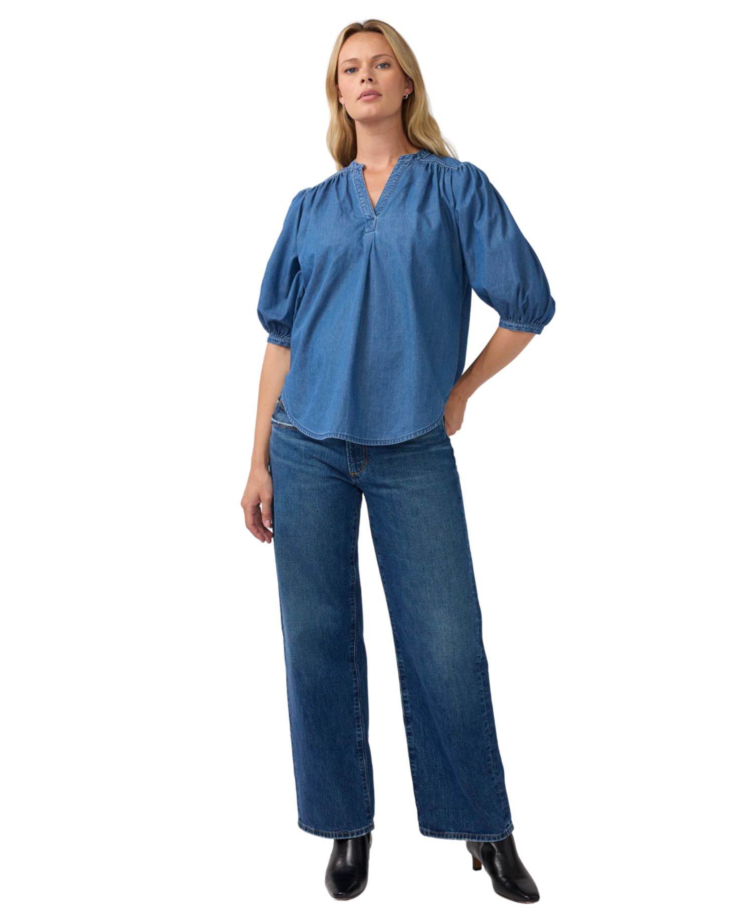 Maternity Popover Chambray Relaxed-Fit Blouse