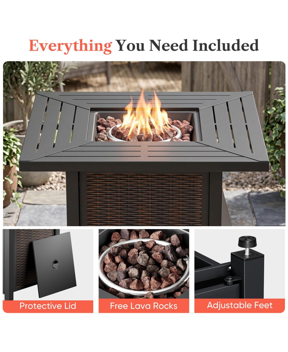 Pocassy Homile 8 Pieces All-Weather Wicker Patio Furniture Set With Propane Fire Pit Table, Swivel Rocking Chairs and 6in Thick Cushions