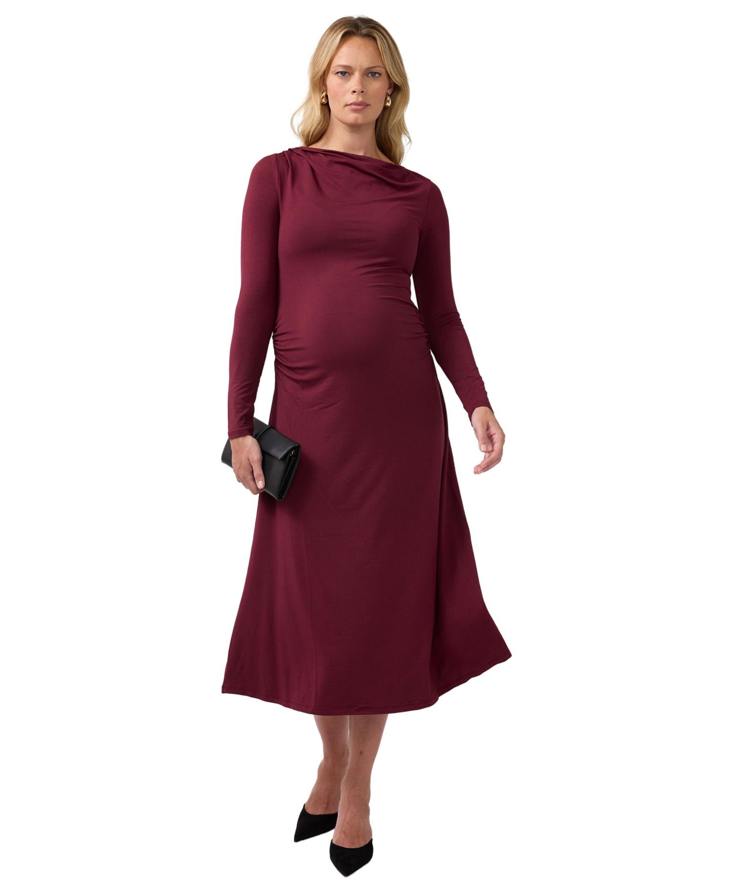 Maternity Ruched Mock Neck Midi Dress