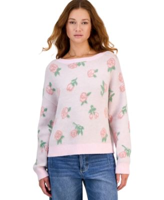 Juniors' Floral-Jacquard Eyelash-Knit Sweater