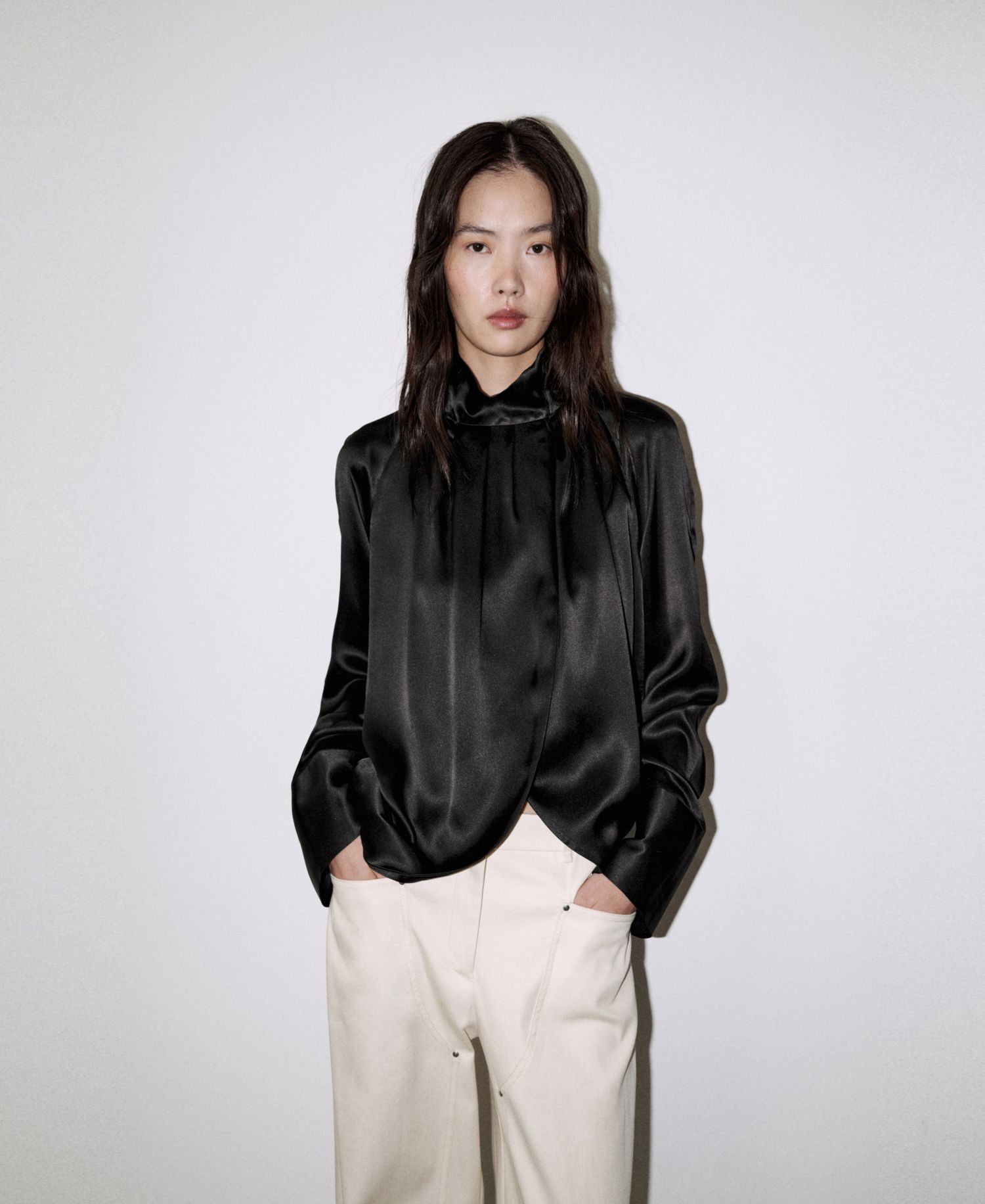 Women's Selection Mock Neck Long Sleeves with Slit at Cuffs Silk Blouse