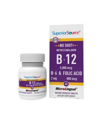 No Shot Vitamin B-12 Methylcobalamin 5000 mcg, B-6 and Folic Acid 800 mcg - 60 Sublingual Dissolving Tablets