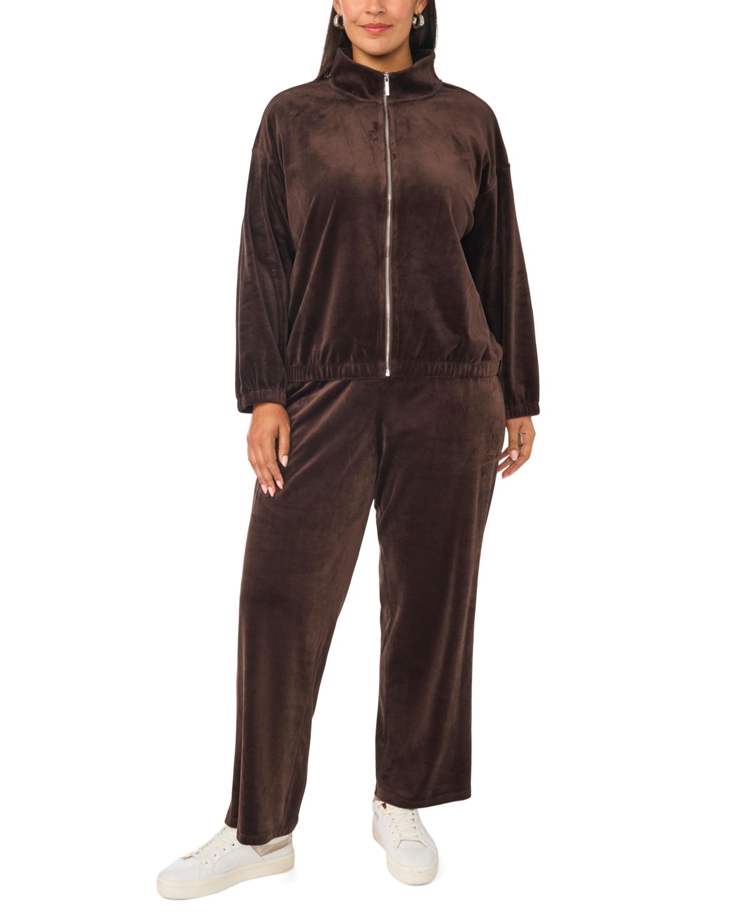 Plus Size Mock-Neck Velour Zip-Up Jacket