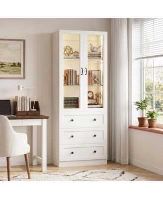 Wooden Bookcase with LED Lights and 3 Drawers, Display Cabinet with Glass Doors