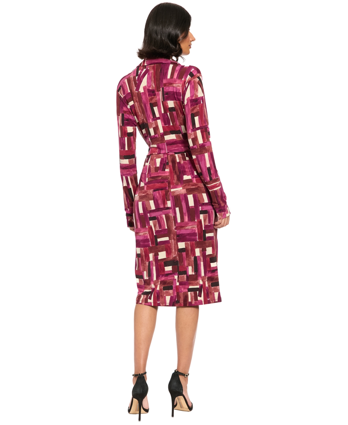 London Times Women's Ruched-Tie Side Waist Long-Sleeve Wrap Midi Dress
