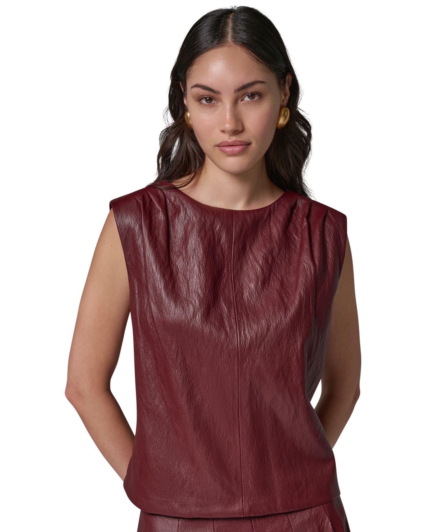 Women's Faux-Leather Sleeveless V-Back Blouse