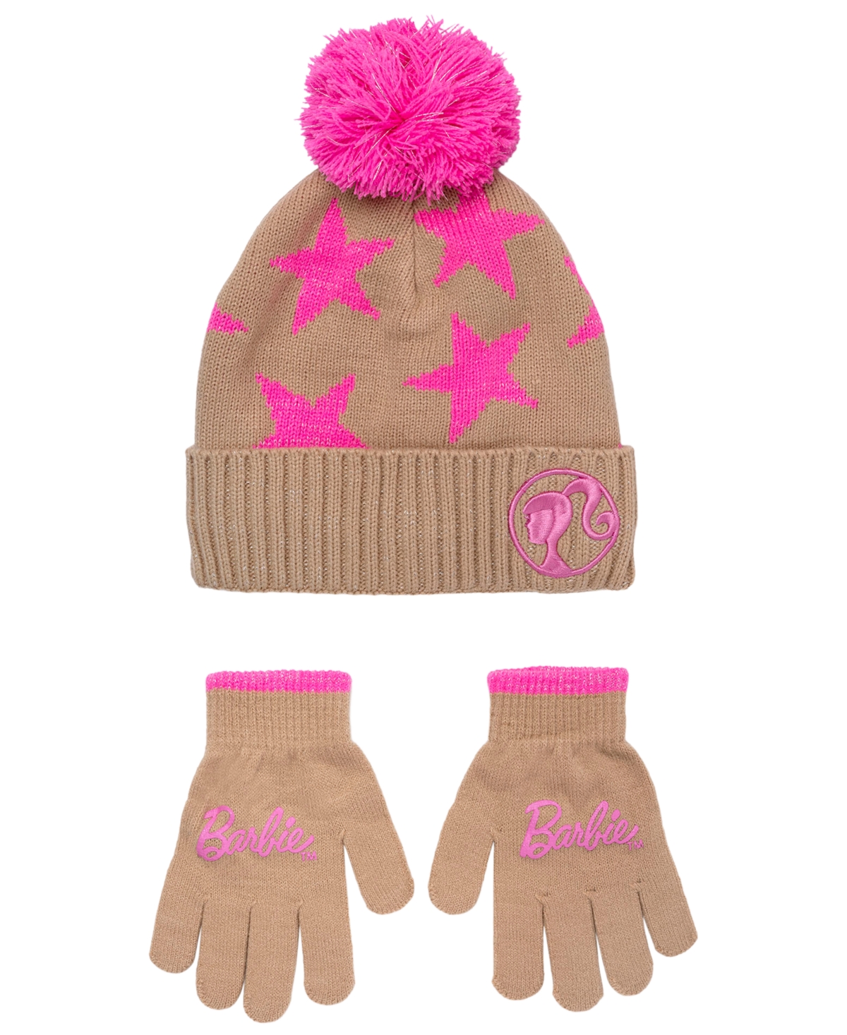 Barbie Girls' Pom-Pom Beanie Hat and Gloves, 2-Piece Set