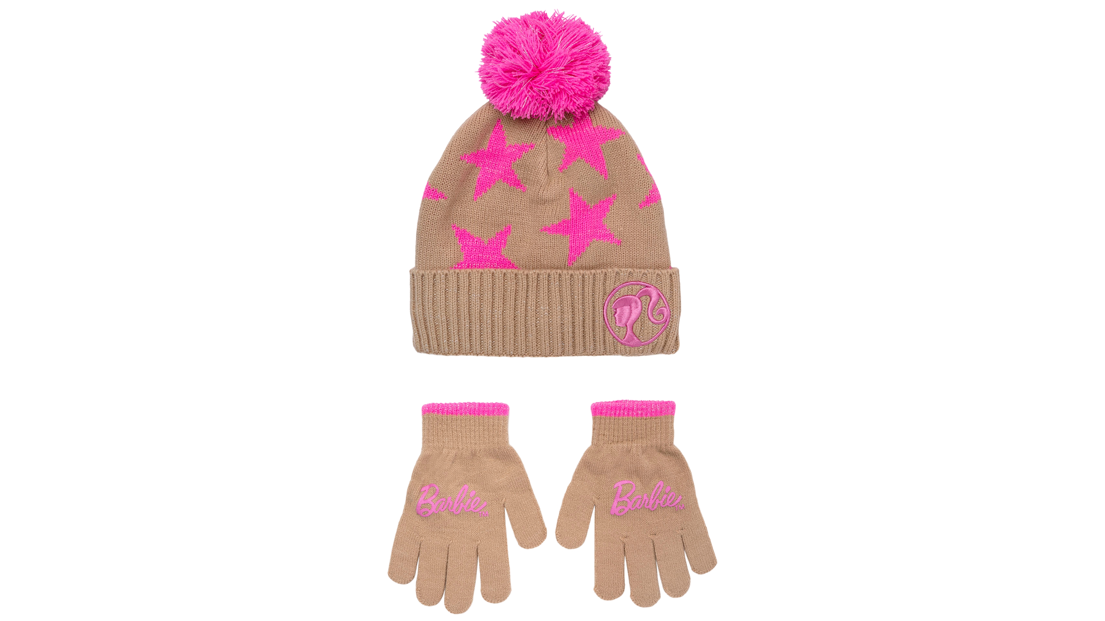 Barbie Girls' Pom-Pom Beanie Hat and Gloves, 2-Piece Set